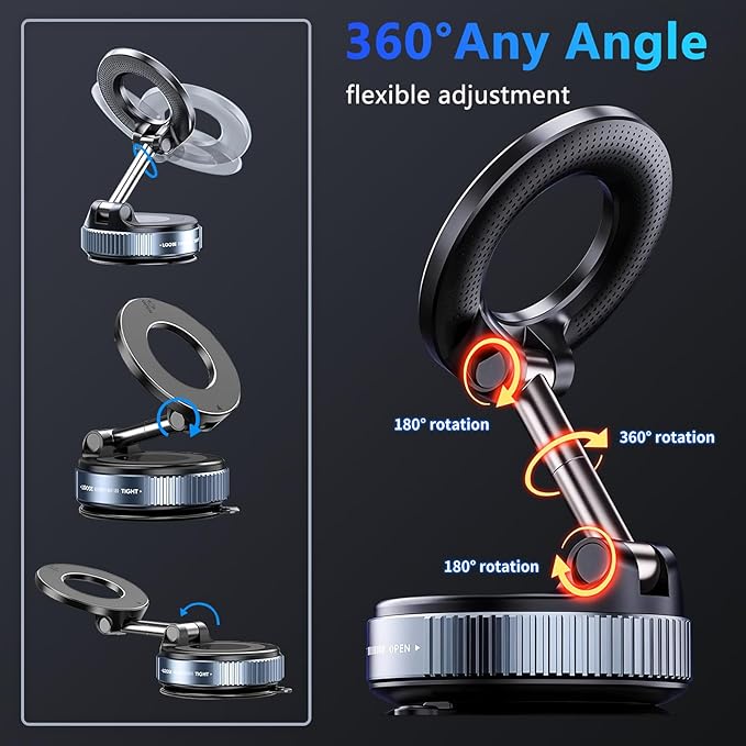 Magnetic Car Phone Holder for Magsafe [96+LBS Suction & 2800gf Magnetic],360°Adjustable Vacuum Suction Cup Car Phone Mount,Car Mount for iPhone 17 Pro Max 16 15 14 13 12 and All Smartphones