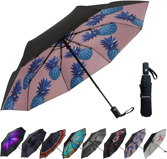 LLanxiry Compact Travel Umbrella, 44" Canopy, Automatic Open/Close Windproof Umbrella, 210T Pongee, 8-Rib Fiberglass, Travel Size Mini, Portable Rain/Sun Umbrellas UPF 50+ with Cover