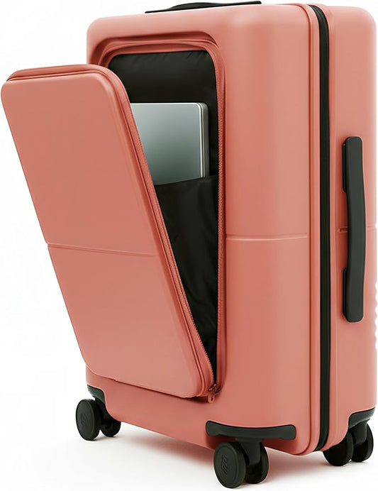 July Carry On Pro - 20" Hardshell with Front Pocket, Airline Approved Carry On Luggage with Wheels, TSA Lock Rolling Suitcase, Silent Spinner Wheels, USB Ports & Ejectable Battery - Clay