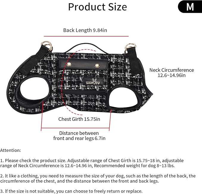 Wakytu Dog Lift Harness Dog Carrier Dog VES Harness Adjustable Dog Leash with Small Puppy Treat Bag（Black,M）
