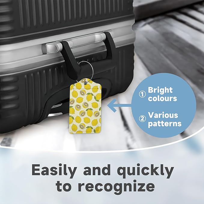 2 Pack Luggage Tag for Suitcase,Yellow Lemon Leather Bag Tags Identifiers Privacy Cover ID Label with Durable Steel Loop for Women Men Kids Girls Travel