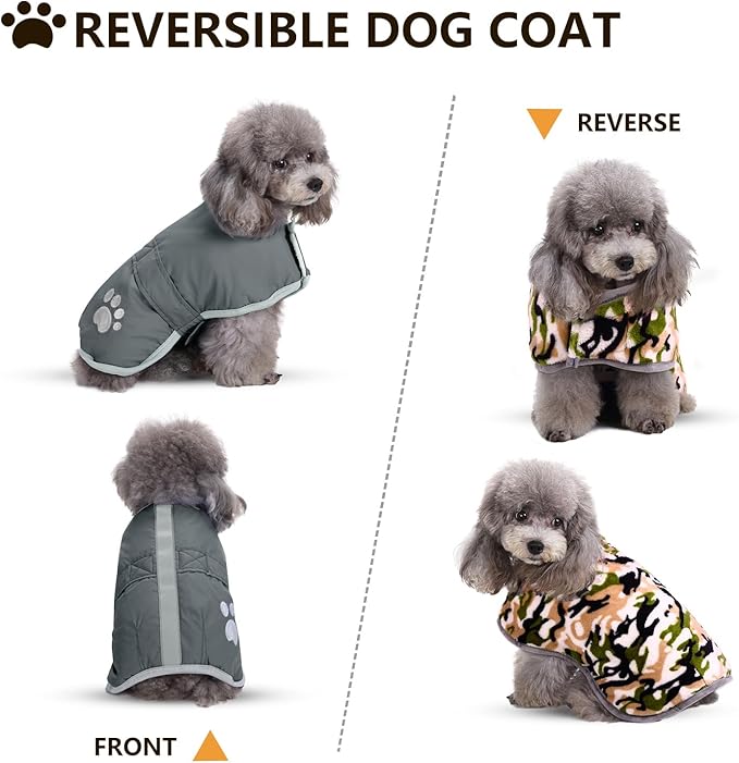 Queenmore Dog Winter Coat, Cold Weather Fleece Jacket for Dogs, Waterproof Reflective Reversible, for Small, Medium and Large Dogs (Grey, L)