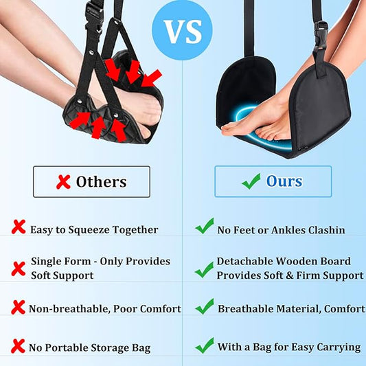 No Collapse Airplane Footrest with Extended Adjustment Strap- Airplane Foot Hammock with Memory Foam, Portable Adjustable Plane Leg Rest, Footrest Provides Relaxation and Comfort (Black)