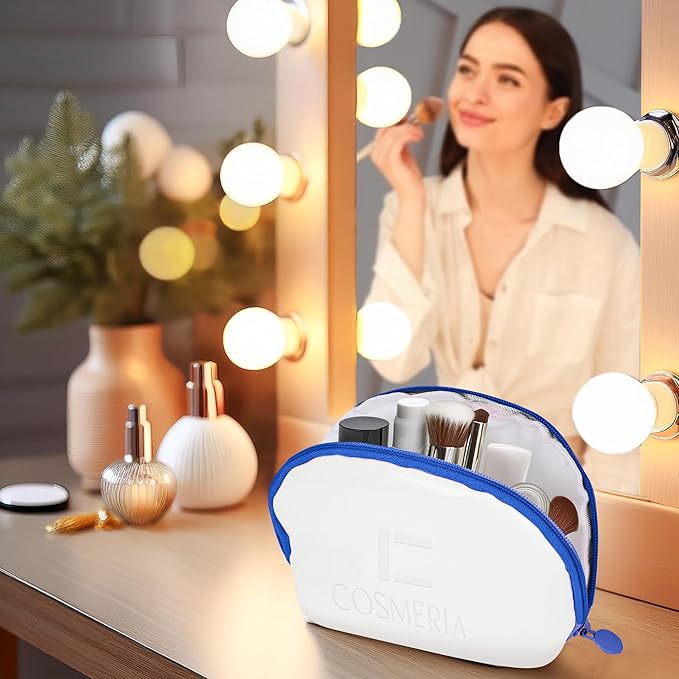 Makeup Bag Organizer & Travel Cosmetic Bag - Toiletry Bag for Women Fits Carry-On and Suitcase - Make Up Faux Patent Leather Pouch with Durable Blue Zipper, Medium