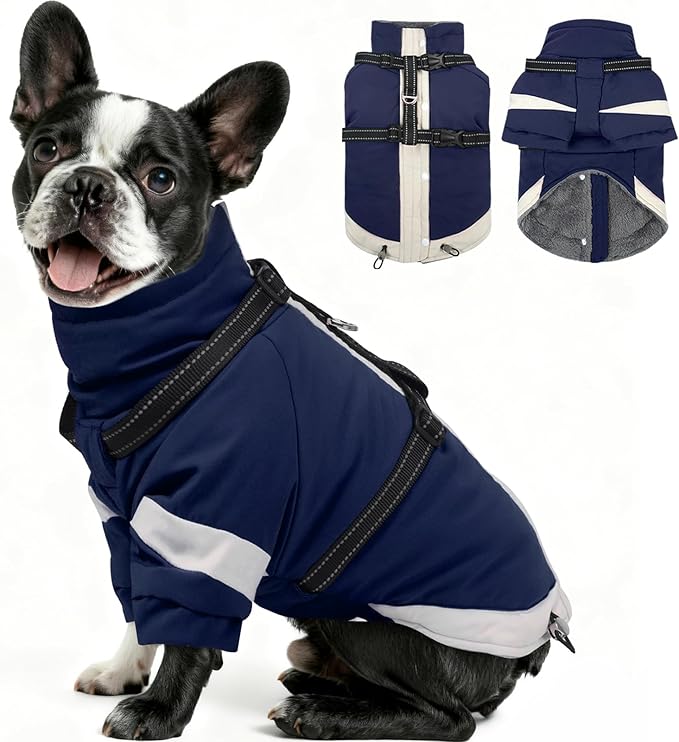 MIGOHI Snowproof Dog Jacket with Harness Reflective Small Dog Coat with Sleeves,Waterproof Fleece Winter Puffer Jacket for Dogs,Turtleneck Puppy Coats for Dogs Chilly Day,S,NavyBlue