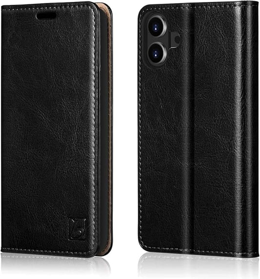 Belemay Leather Wallet Case Compatible with iPhone 17, Premium Cowhide Leather Two-Tone Effect, RFID Blocking Card Holders, Shockproof TPU Shell, Kickstand, Protective Flip Cover, 6.3", Black