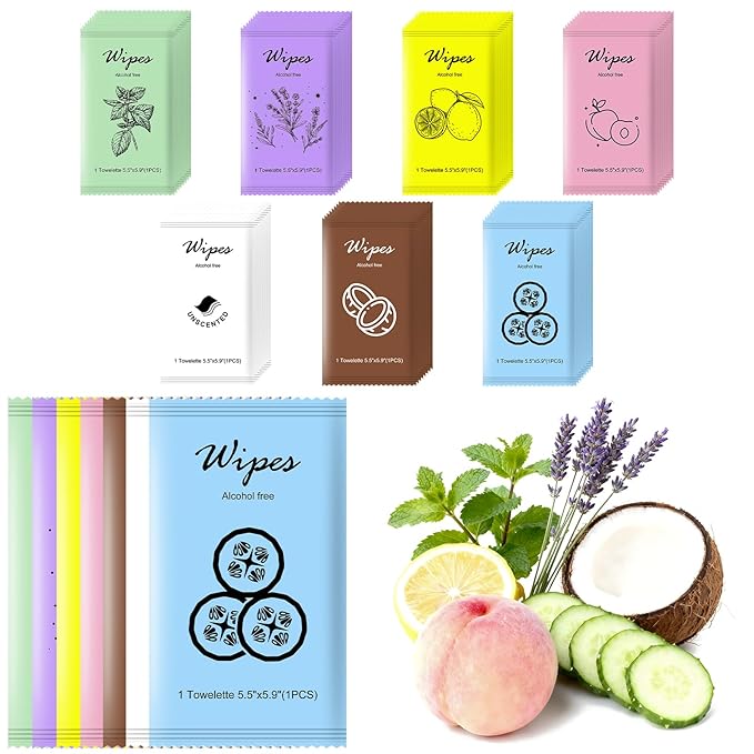 twoworld Individual Hand Wipes,Wet Wipes Individually Wrapped Bulk Cleansing Travel Size Wet Wipes for Travel Restaurant (Mint, lemon, lavender,cucumber, coconut, peach, and unscented,pack of 70)