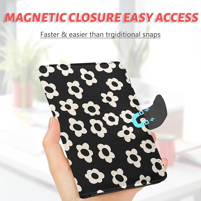 Passport Holder, Travel Wallet Cover with Pen Loop | Cute RFID Blocking Leather Case with Magnetic Closure for Travel Essentials-Flower