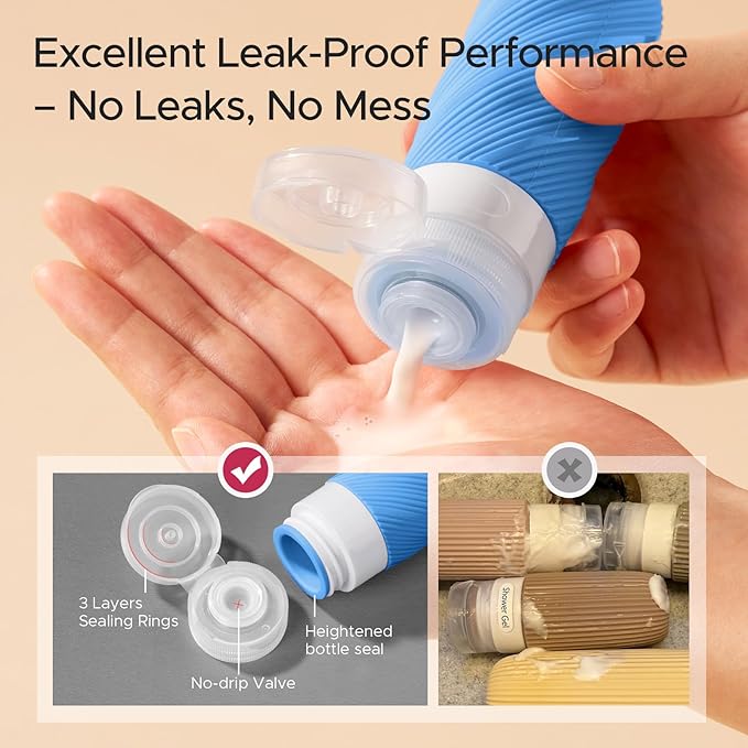LitBear 23 Pack TSA Approved Travel Bottles for Toiletries, Leak Proof Refillable Travel Size Containers Kit with Silicone Squeezable Bottles Jars for Shampoo Lotion Conditioner, in Clear Bag, Blue