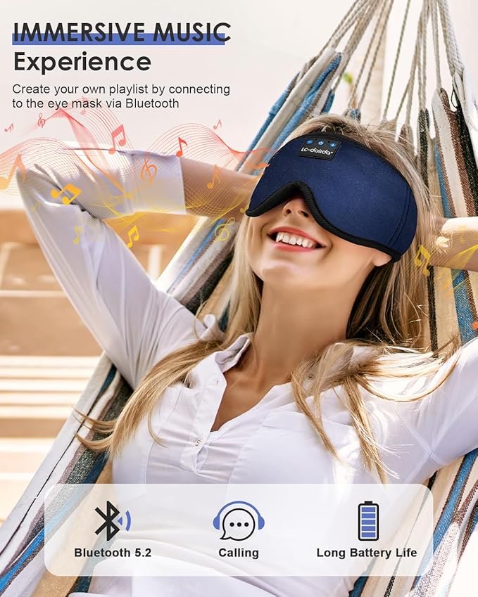 LC-dolida Sleep Headphones, Sleep Mask Bluetooth Wireless Music Eye Mask, Sleeping Headphones for Side Sleepers Sleep Mask with Bluetooth Headphones Ultra-Thin Stereo Speakers Perfect for Sleeping