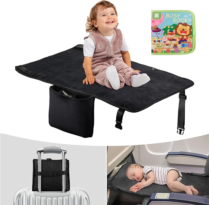 Toddler Airplane Bed with Cloth Book, Portable Airplane Seat Extender Travel Bed for Kids, Soft Baby Plane Travel Essentials for Flying, Toddlers Long Flight Must Haves Footrest