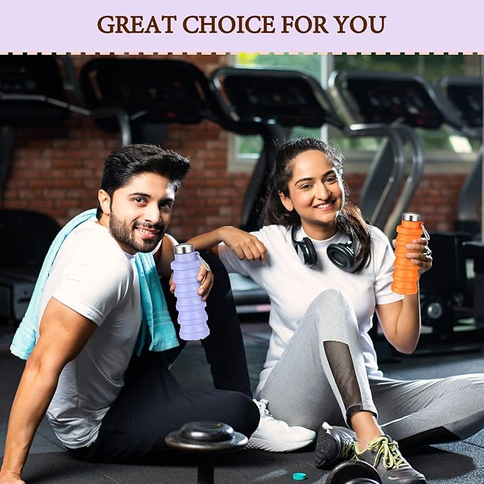 Baderke 2 Pcs Collapsible Water Bottles 17oz Silicone Travel Foldable Portable Water Bottle with Buckle Silicone Lightweight Reusable Leakproof for Camping Hiking Cycling Sport(Purple, Orange)