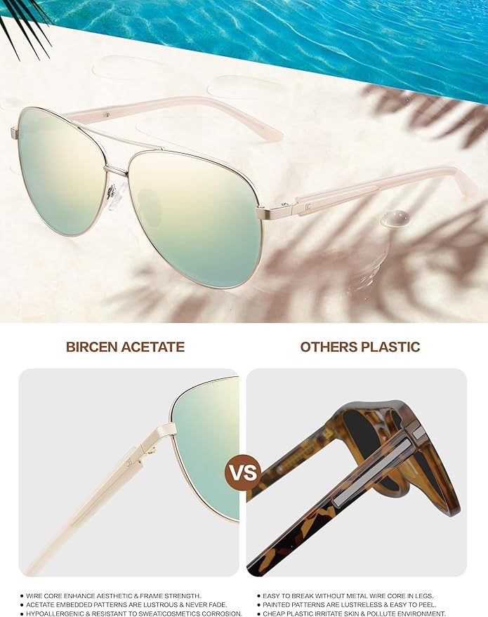 BIRCEN Polarized Aviator Sunglasses for Women : UV Protection Acetate Square Sunglass With Retro Classic Style