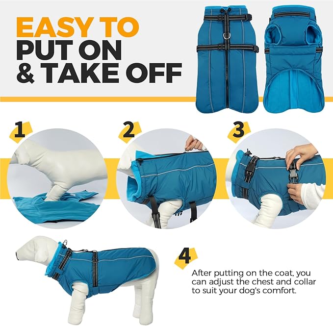 Lelepet Dog Coat with Harness Built in, Waterproof Dog Jacket for Large Dogs Reflective Windproof Winter Jacket with Zip Warm Cold Weather Coats for Dogs,Cozy Pet Snowsuit, Great Dane, Blue, XXXL