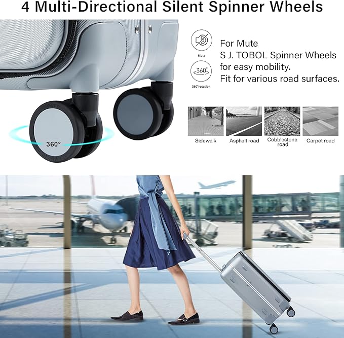 MILADA Carry On Luggage 22x14x9 Airline Approved Spinner Wheels TSA Luggage Hard Shell Suitcases Front Opening Pocket For Women Men Rolling Aluminum Frame Travel Luggage 20 Inch, Grey