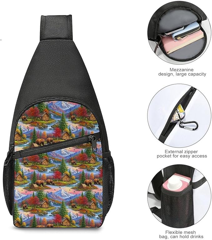SWEET TANG Polyester Shoulder Sling Bag Multipurpose Casual Sport Daypack Unbalance Backpack with Small Pocket and Smooth Zipper, Bears