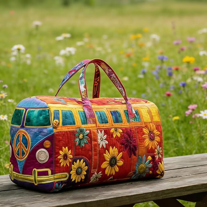 Hippie Journey Quilted Duffel Bag Hippie Van Travel Duffel Bag Vintage Floral Weekender Overnight Bags Women Gym Bags