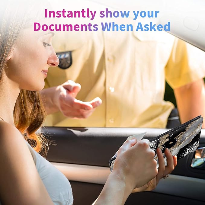 Car Registration and Insurance Holder,PU Leather Car License Document Insurance and Registration Card Holder Men Women Vehicle Glove Box Organizer Auto Accessories-Black Gold Marble