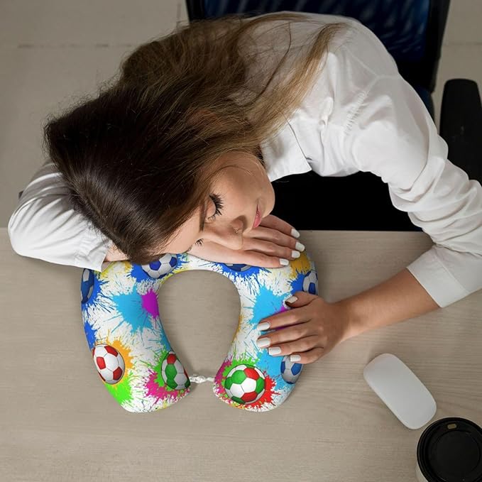 Comfortable Memory Foam Neck Pillow Splash Ink Colorful Paint Football Soccer, Travel U Shaped Airplane/Car/Flight Pillows with Removable Zipper Cover, Chin Head Neck Support Cushion