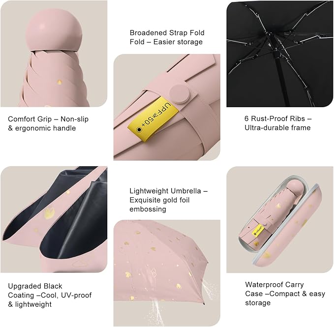 Compact Travel Umbrella - Mini Manual Umbrella for Purse, Windproof & UPF 50+ Sun & Rain Protection, Lightweight Portable Folding with Case for Women, Men，Kids