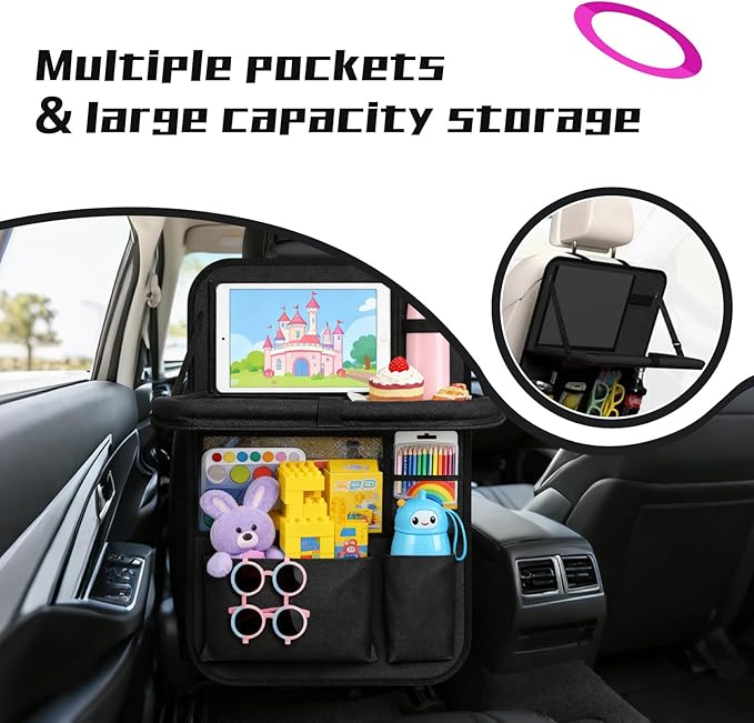 2 Pack Black Backseat Car Organizer with Tablet Holder & Six Storage Pockets - Back of Seat Car Organizer, Road Trip Essentials, Kick Mats for Kids, Vehicle Tidy Protector