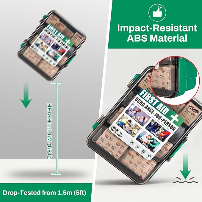 RHINO RESCUE First Aid Kit for Business - Plastic Wall Mounted First Aid Box, Hard Case Emergency Kit for Home, Office, Workshop, Restaurant (Green)