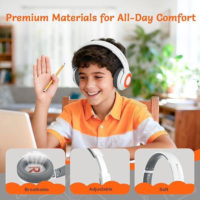 Kids Bluetooth Headphones with ANC, Wireless Over-Ear Headset for Boys and Girls, Foldable & Adjustable, Ideal for School, Travel and Online Learning (White)