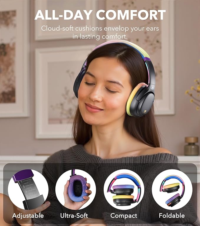 1Mii E700 Wireless Bluetooth Over Ear Headphones with Active Noise Canceling, Hi-Res Audio LDAC/aptX Low Latency for Airplane Travel Overhead Comfort, 54H Playtime, Custom EQ via App - Colorful