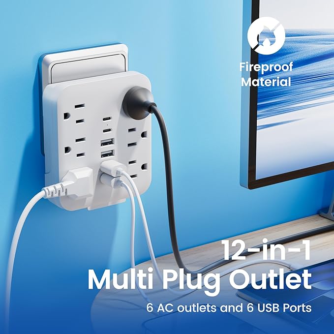 Multi Plug Wall Outlet Extender with USB Ports: 6 AC Outlets, 6 USB Ports (2 USB C), Wall Plug Power Strip, USB Plug Adapter for Wall Outlet, Outlet Splitter for Home Office Travel Cruise Essentials