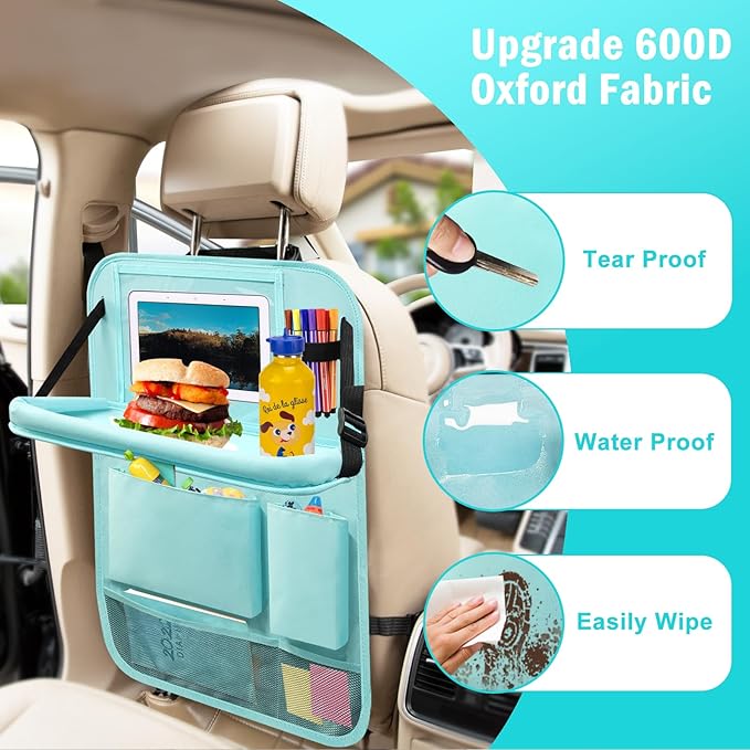 2Pack Car Backseat Organizer with Foldable Table Tray,6 Storage Pockets Car Storage Organizer with Tablet Holder,Car Seat Back Protectors Kick Mats Travel Accessories Blue