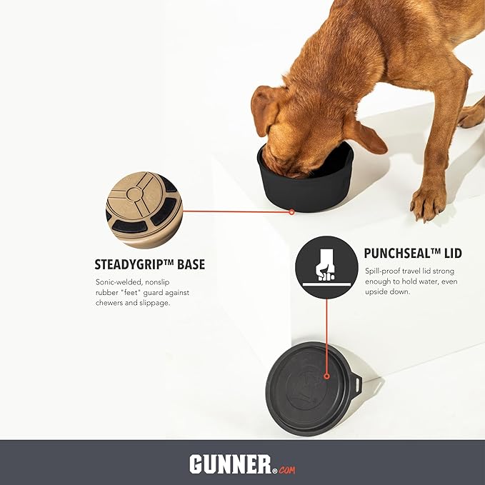 GUNNER Dog Bowl with Spill-Proof Travel Lid – 7.5" x 3.75", 1.3 lb, 7-Cup Capacity, BPA-Free, Rust-Proof, Shock-Resistant, Stackable, Dishwasher Safe, Leak-Resistant Nesting Lid – Black
