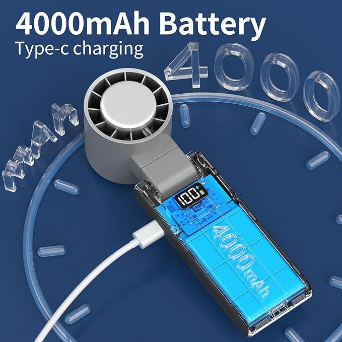 OTPEIR Portable Handheld Turbo Fan with Cooling Tech, Digital Display, 100-Speed Control, Rechargeable 4-in-1 Personal Fan for Travel, Outdoor, Office (Grey)