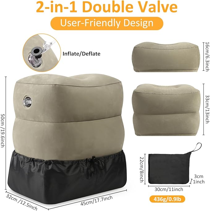 Inflatable Foot Rest Pillow for Travel - Adjustable Height Flight Foot Rest with Eye Mask and Earplugs for Kids & Adults on Airplane, Car, Train, Office, and Home (Gray, 1 PCS)