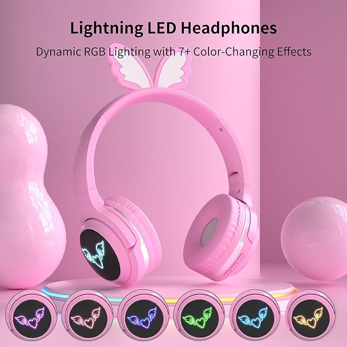 Kids Wireless Headphones with 7-Color RGB LED Lights, Long Playtime, Ultra-Soft Over-Ear for School Travel, Pink Butterfly Wings
