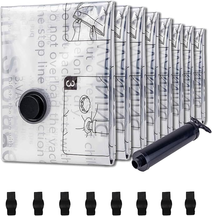 8 Medium Vacuum Storage Seal Bags, Space Saver Bags with Travel Hand Pump, Compression Airtight Sealer Bags for Clothes, Bedding, Pillows, Comforters, Blankets