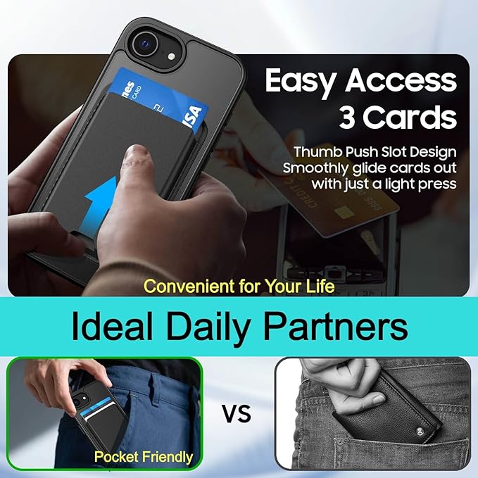 Magnetic for iPhone 16e Case (Compatible with MagSafe) with Detachable Wallet & Card Holder for 3 Cards [RFID Blocking] Military Grade Protective Slim Phone Cover, Black