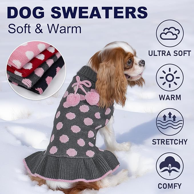 KYEESE Dog Sweater Dress Polka Dot Dog Sweater for Girl with Leash Hole Knit Warm Dogs Clothes with Pom Pom Ball for Fall Winter