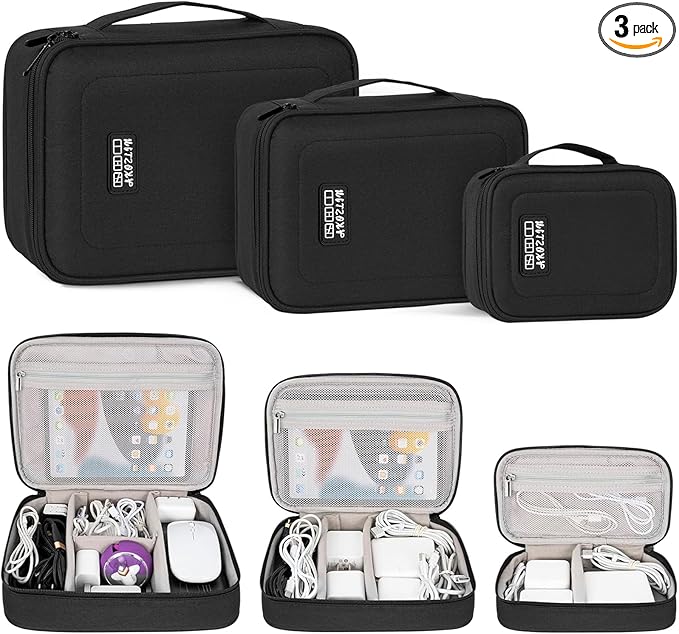 AKOZLIN Padded 3pcs/set Travel Organizer Office Cord Cable Electronics Accessories Bag Electrical Cord Management Case Black