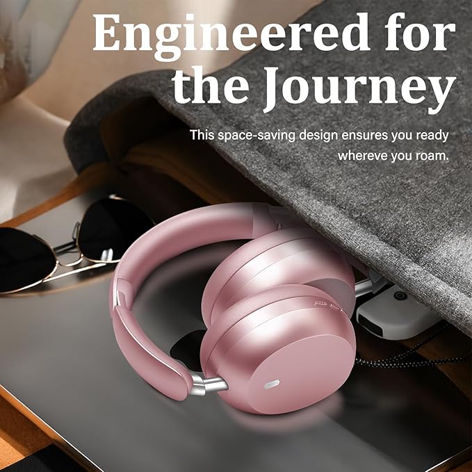 Wentronic Y04 Bluetooth Headphones Active Noise Cancelling Wireless Over Ear Headsets 48 Hours Playtime High Sound Quality Foldable Earphones with Soft Ear Cushion for Travel - Pink
