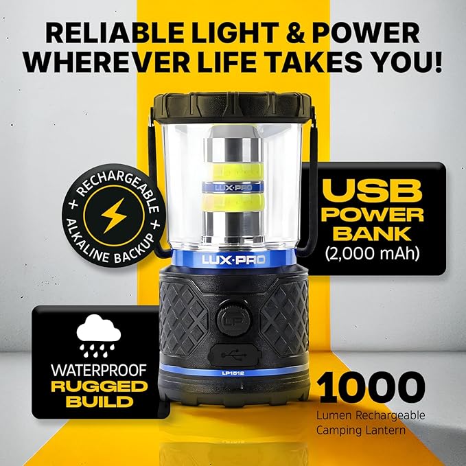 LUXPRO Rechargeable Dual-Power 1100 Lumen LED Lantern for Up to 150 Hours of Use - Camping Lantern with Built-in Power Bank - Dimmable LED Light with IPX4 Water-Resistant Rating (Camping Lantern)