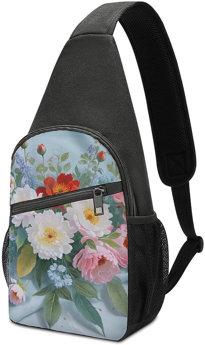 SWEET TANG Anti Theft Sling Chest Bag Shoulder Backpack Spring Rose Floral Design Vintage Chic Petals Crossbody Bags Gym Sack, Polyester Daypack Lightweight for Men Women Travel Gym Sport Hiking