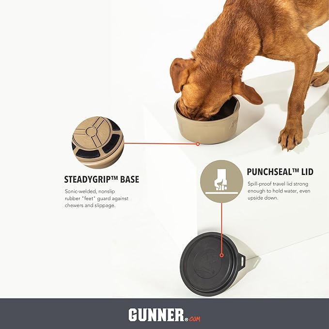 GUNNER Dog Bowl with Spill-Proof Travel Lid- K9 Companion Food & Water Bowl, Lightweight Rust-Proof & Shock Resistant Stackable, Leak Resistant Nesting Lid, (Tan)