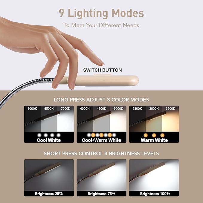 VAVOFO Rechargeable Book Light for Reading in Bed Kids, 7 LED Reading Light with 9-Level Warm Cool White Daylight, Eye Care Lamp with Power Indicator for Bookworms (Khaki)