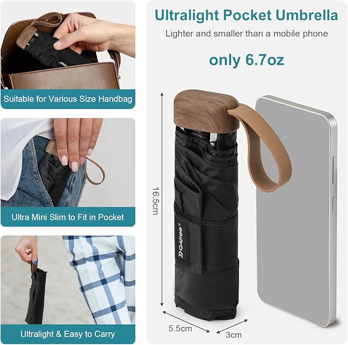G4Free Mini Travel Folding Umbrella for Purse, Compact UPF 50+ UV Protection Sun & Rain Small Umbrella, Lightweight Portable Parasol Fits in Pocket, Wallet for Women Men(Carbon black)