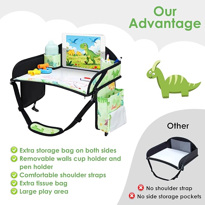 WENRENER Kids Travel Tray, Car Seat Tray for kids Travel, Toddler Road Trip Essentials With Drawing Kit, Toddler Lap Desk Organizer for Car, Carseat Table for Airplane