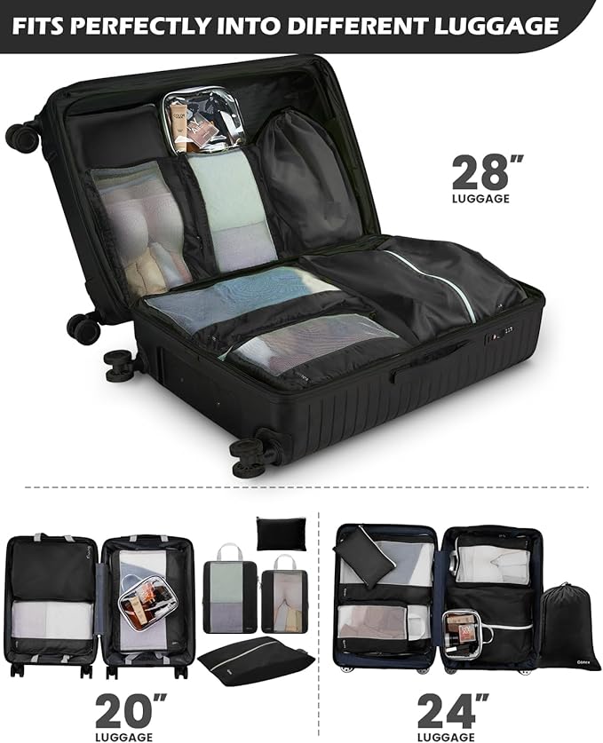 Gonex Expandable Mesh Packing Cubes - 8 Set Compression Organizer for Travel Essentials with Toiletry, Laundry, Shoe & Cable Bags - Black