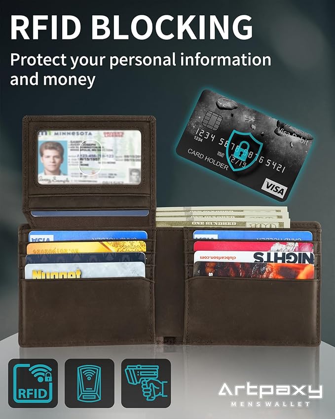 Mens Wallet With AirTag Holder, Bifold Leather RFID Blocking 1-2 ID Windows 12-13 Card Holders, Gift Box and Screen Protector Included, AirTag Not Included