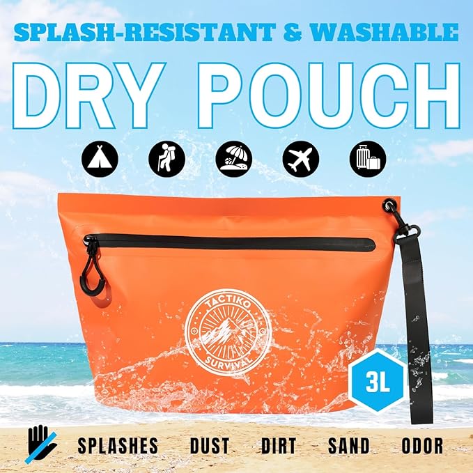 3-Pack Tactiko 3L Water Resistant Pouches - Waterproof Material w/Splashproof Zipper - Hold All Zipper Bags for Storage, Toiletries, Travel, Beach, Cruise, Home (3, Orange/Gray/Black)