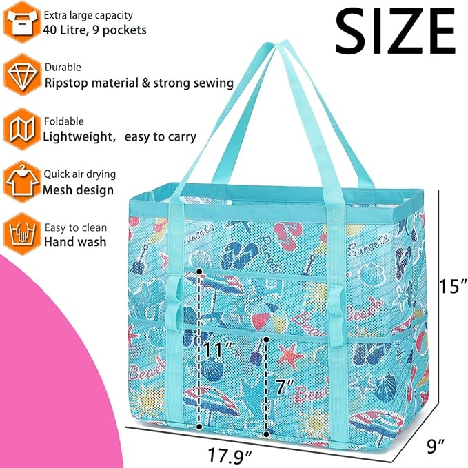 Mesh Beach Bag, Large Beach Tote with Zipper Pocket for Family Pool Bag for Toys & Vacation Essentials
