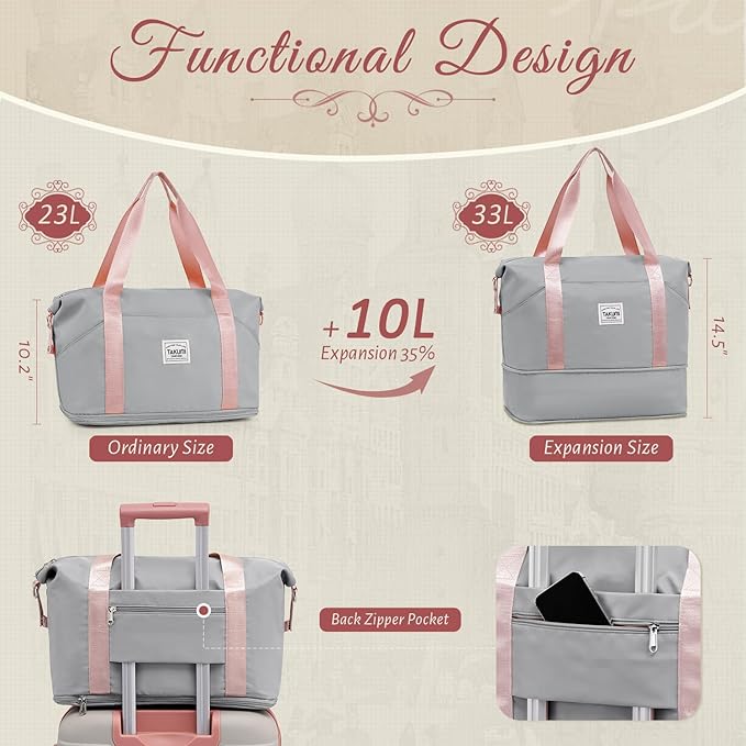 TAKUMI Carry On Luggage Set 3 Piece ABS+PC Hardshell Suitcases with Duffel Bag Double Spinner Wheels Travel Luggage with TSA Lock Lightweight Suitcase Set(GREY PINK, 3 PIECE SET(20/DB/TB))